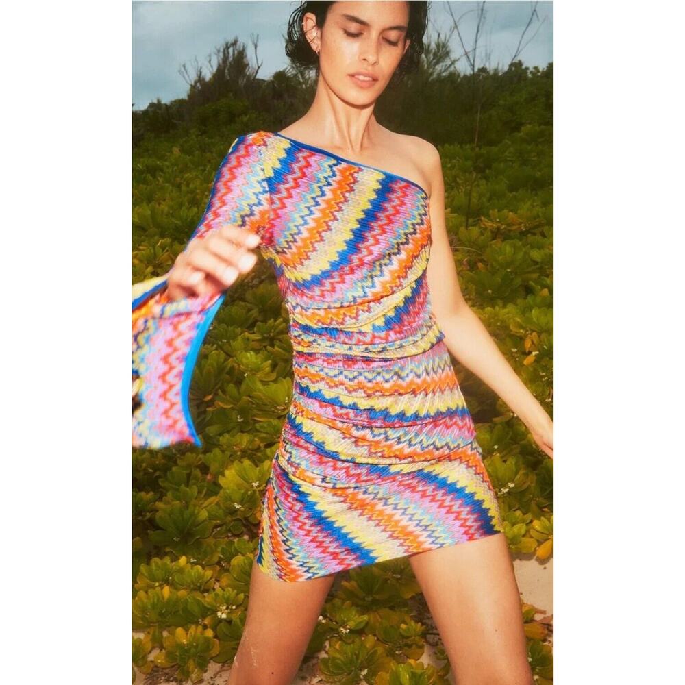 ALEXIS Womens Multicolor Devon Chevron Zig Zag Knit One Shoulder Mini Dress XS